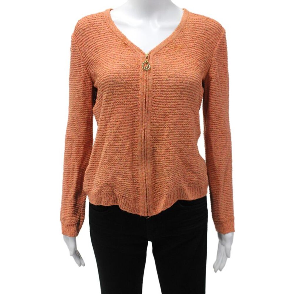 St. John Sport Women Petites Cardigan Orange V-Neck Check Long Sleeve Size P2XL